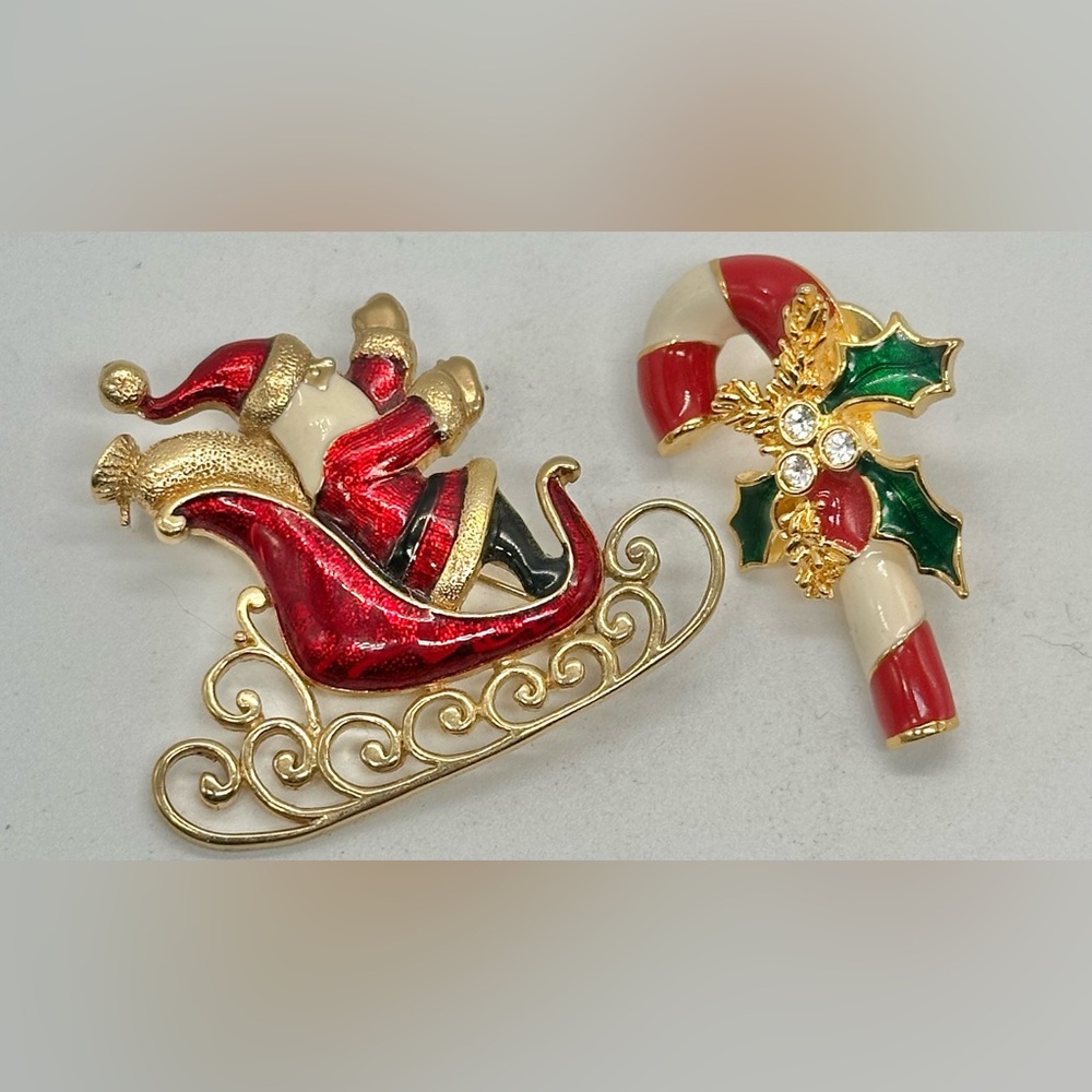 Vintage Christmas Brooch Set Santa Sleigh Candy Cane Enamel Rhinestone Holiday